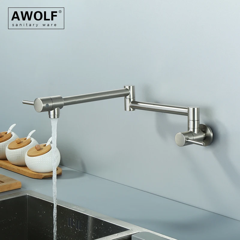 

Awolf Brushed Nickel Folding Pot Filler Solid Brass Kitchen Faucet Wall Mounted 360 Degree Rotation Single Hole Faucet FW008