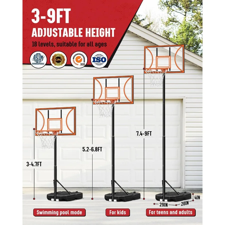 Баскетбольное кольцо с 32-дюймовым щитом, 39 футов, регулируемая высота, открытый бассейн, баскетбольные ворота, портативная баскетбольная площадка для дома