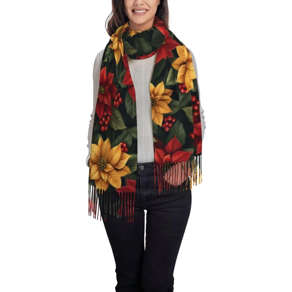 

Красный и желтый рождественский шарф пуансеттии для женщин, рождественская шаль, большие зимние теплые рождественские шарфы с кисточками