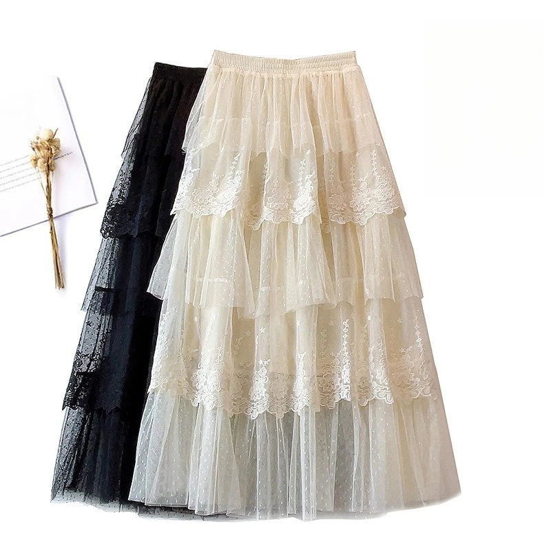 Vintage Lace Patchwork Midi Skirt 2026 Summer New Embroidery Layered Cake Tulle Skirt Elegant Umbrella Skirt Mesh Long Skirts