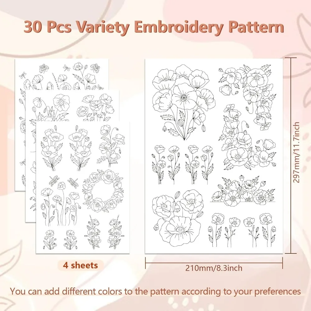 Water Soluble Embroidery Patterns for Beginners 4 Sheets with 30pcs Papaver Rhoeas Patterns Wash Away Embroidery Pattern