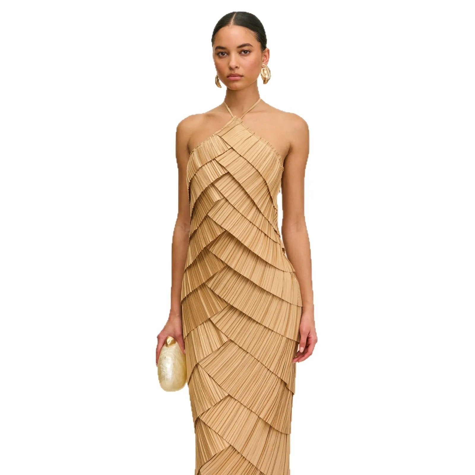 2025 nova luz azul halter pescoço sem mangas sem costas plissado em camadas vestido de noite feminino fino ajuste vestido longo