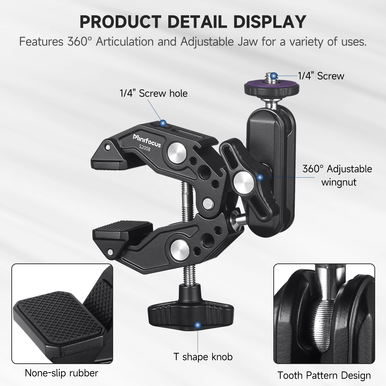 Minifocus S2008 Metal Super Clamp with 360° Ball Head Magic Arm Clamp with 1/4\