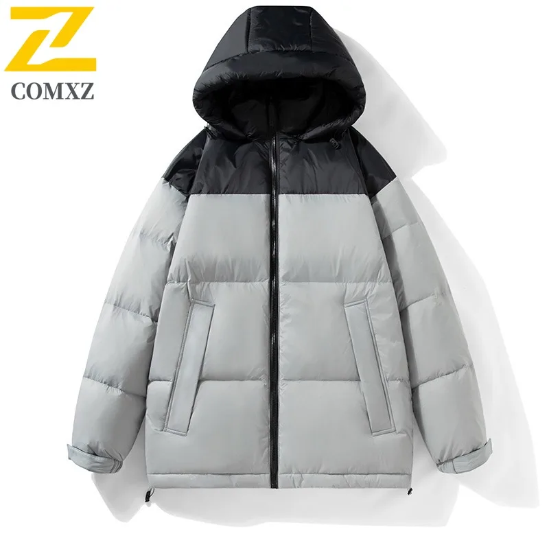 

​COMXZ 2025 Men Puffer Jacket Winter Thermal Windproof Korean Style Loose Fit Streetwear Parka with Detachable Hood​ Coat