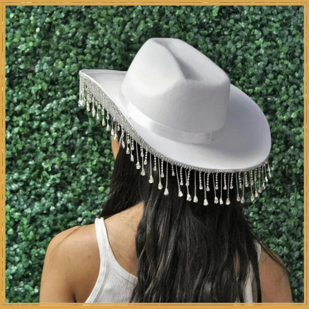New Crystal Tassels Cowboy Hat Black White Pink Elegant Bride Cowgirl Hats Rhinestone Cap Wedding Party