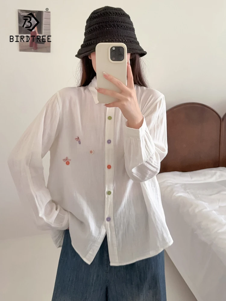 

Новинка 2025, осенняя рубашка с длинными рукавами из хлопковой пряжи, женская рубашка с отложным воротником и бантом, шикарная свободная блузка Mori Girl с разноцветными пуговицами T59716CC