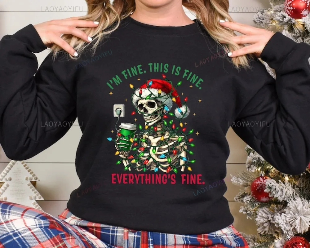 Christmas Skeleton Crewneck Sweatshirt Funny Holiday Hoodie Women's Christmas Sweatshirt Humor Style Long Sleeve Sports Wear