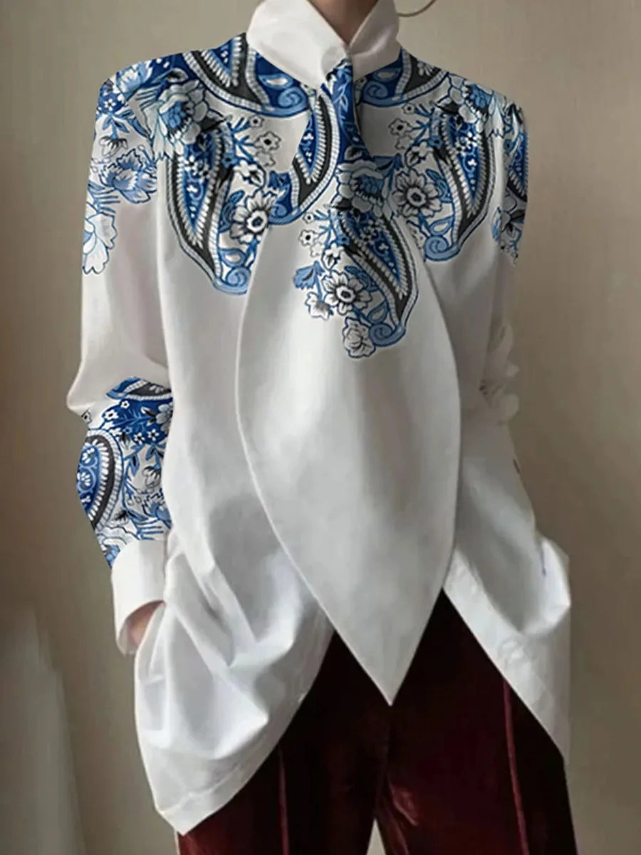 Bonboho Female Blouse 2024 Fashion Blue Floral Printed Loose Fit T-shirt Tied High Neck Long Sleeves T-shirt Tops For Women