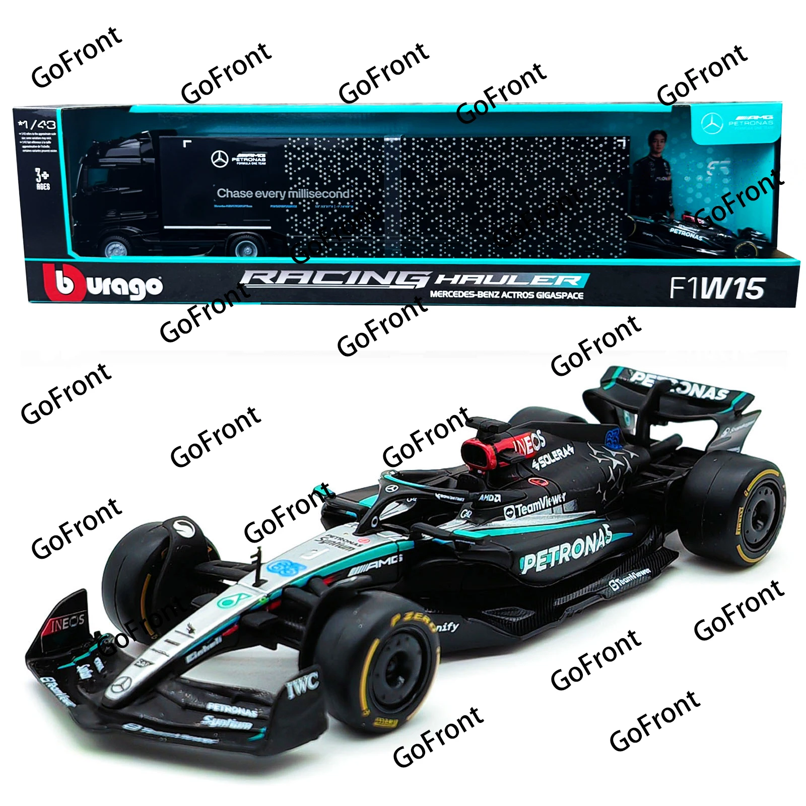 Контейнерный транспортный грузовик Bburago 1:43, Mercedes-Benz и сборная AMG F1 W15 Formula 2024 #   Модель автомобиля из сплава 63.