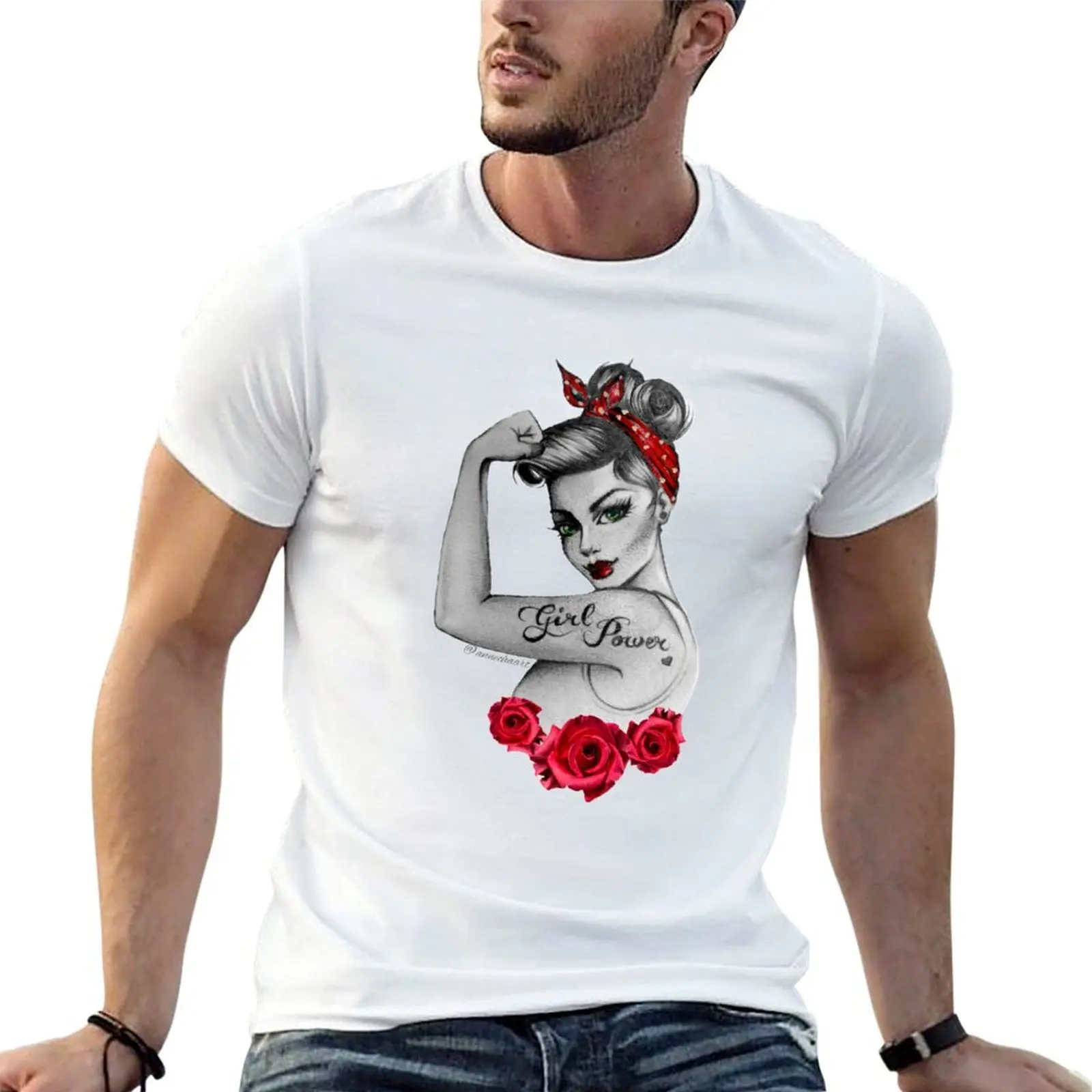 Girl Power von Anne Cha Modern Rosie the Riveter Red Roses T-Shirt Clothing clothes funny t shirts men