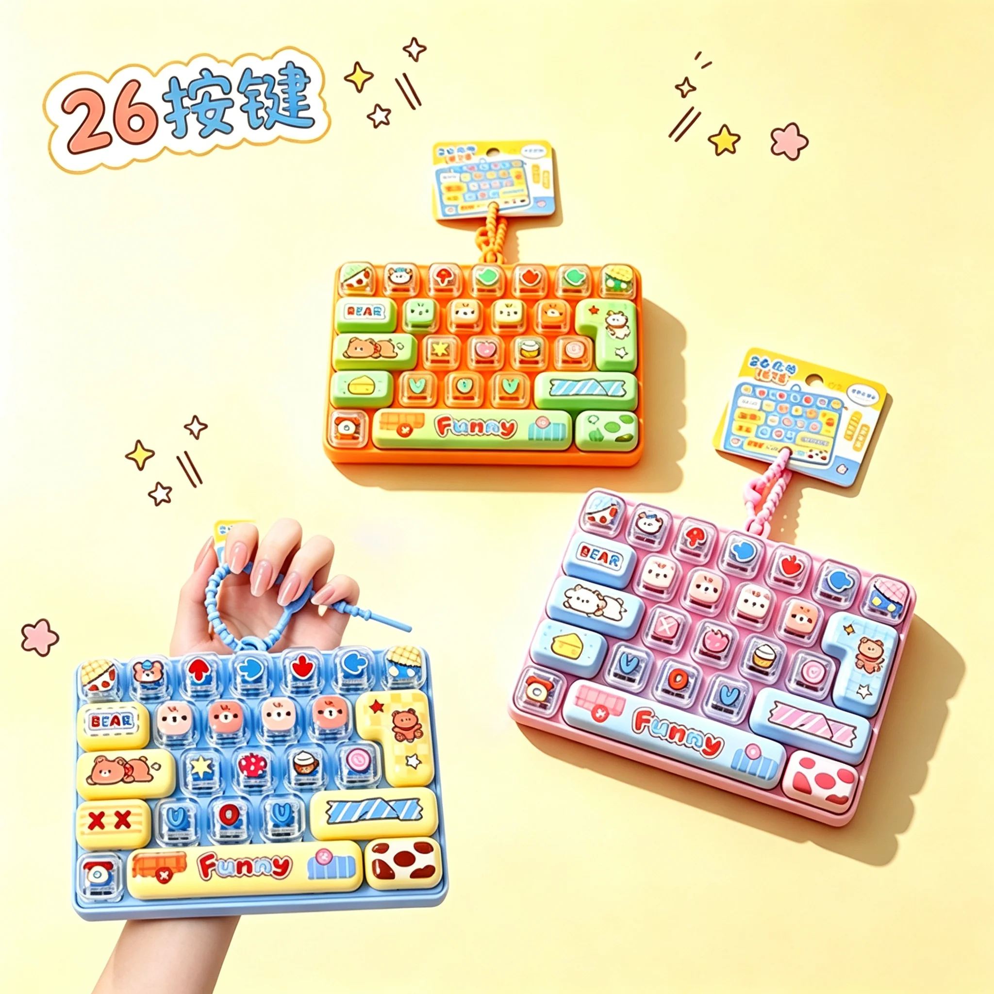 Candy Color Fidget Keycap Clicker Keychain Cute 26 Keys Stress Relief Keyboard Toy Bag Pendant Cartoon Fidget Key Ring