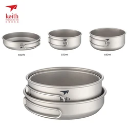 Keith 3PCS Titanium Cookware Pans Bowls With Folding Handle Outdoor Traving Hunting Camping Cooking Kitchen Tableware Stackable