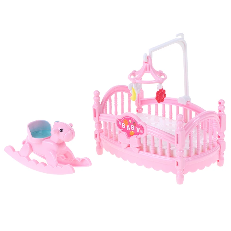 Accesorios de muñeca de princesa de moda rosa para niños, muñeca de plástico, cama de cuna en miniatura y caballo de madera, regalo para niñas, más