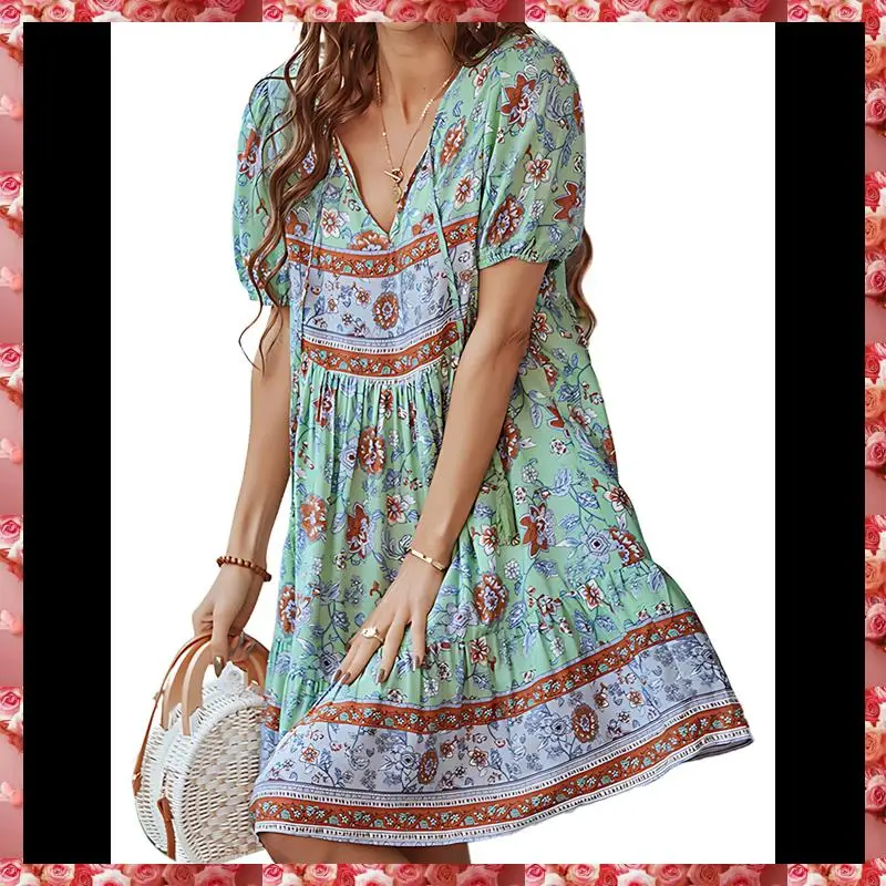 ผู้หญิงสบายๆ-ชุดฤดูร้อน Boho V คอแขนสั้น Babydoll พิมพ์ลายดอกไม้ Flowy Beach Dress