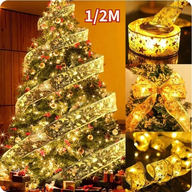 1/2m New Year Christmas Ribbon Fairy Light String Garland Lights Christmas Tree Ornament Ribbon Light Home Decoration