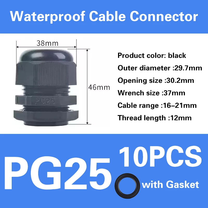 Wasserdichte Kabelverschraubung der PG-Serie, Kabeleinführung, IP68, weiß, schwarz, Nylon-Kunststoff-Stecker, PG7/9/11/16, PG19/21/36/63, PG21/24/25/29