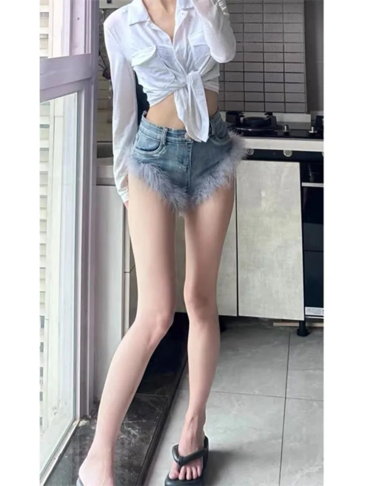 อเมริกันเซ็กซี่สูงเอวกางเกงยีนส์Bodyconฤดูร้อนVINTAGEล้างDENIMกางเกงผู้หญิง 2025 ใหม่ตรงสั้นกางเกง