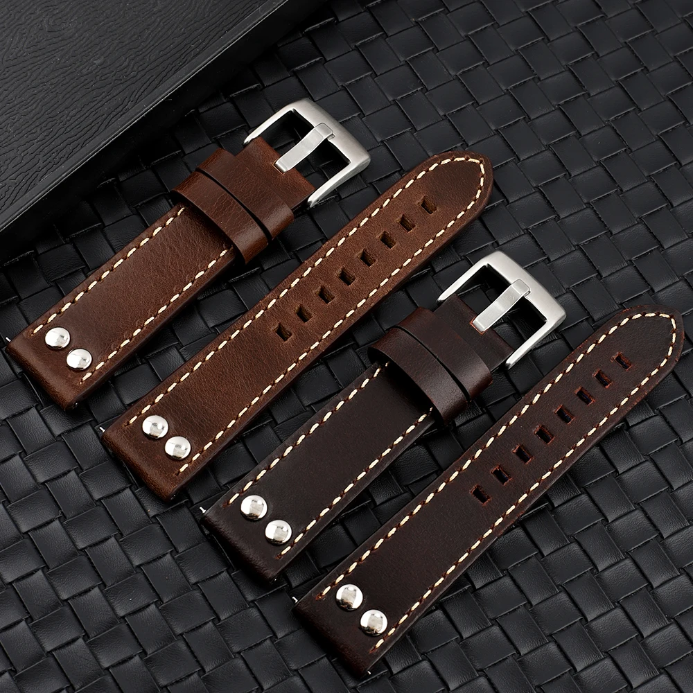 Handarbeit Aus Echtem Leder Nieten Uhr Band Strap 20mm 22mm Kaffee Braun Armband Edelstahl Schnalle Handgelenk Gürtel Armband