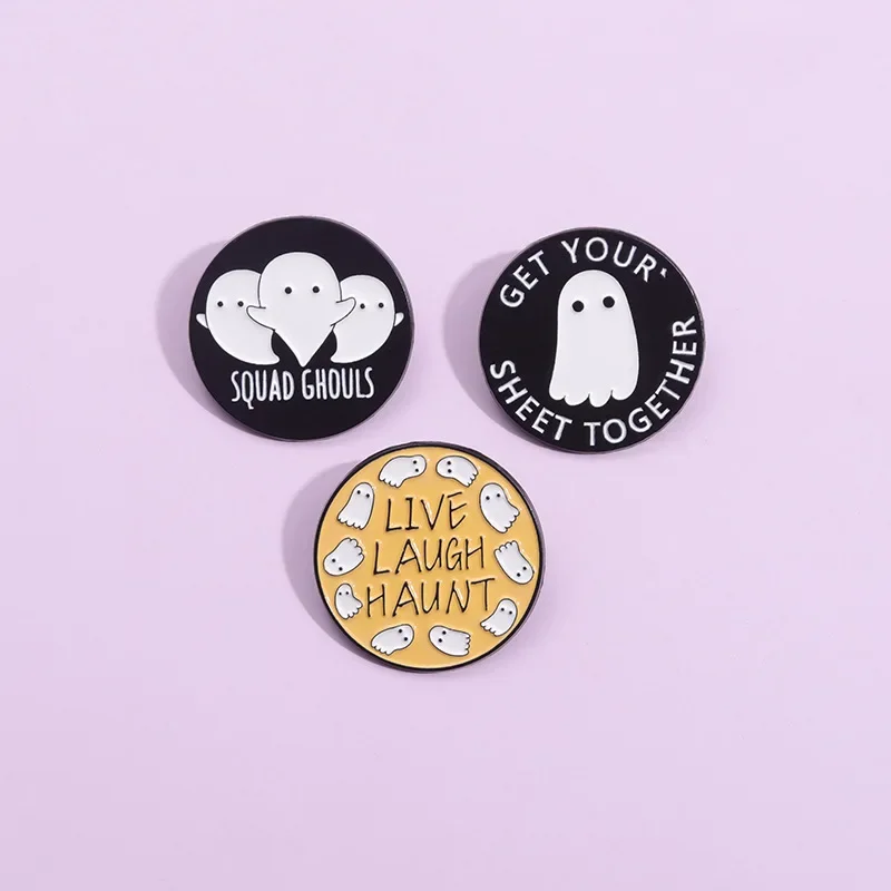 Gothic Cute Ghost Enamel Pins Live Laugh Haunt Squad Ghouls Brooches Lapel Badges Jewelry Gift For Kid Friends Drop Shipping