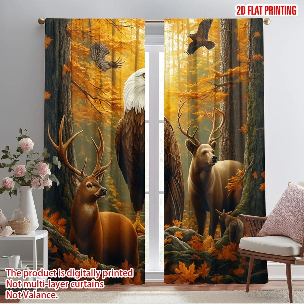 2pcs,2D plane printing Curtains&Window Treatment Deer Eagle Bear Forest Autumn Versatile Fabric (without rod) Room Decor for