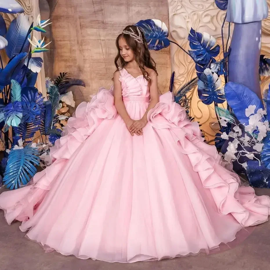 Gaun Gadis Bunga Merah Muda Blush untuk Pernikahan Ruffles Berjenjang Mutiara Elegan Anak-anak Komuni Pertama Gaun Pesta Quinceanera Disesuaikan