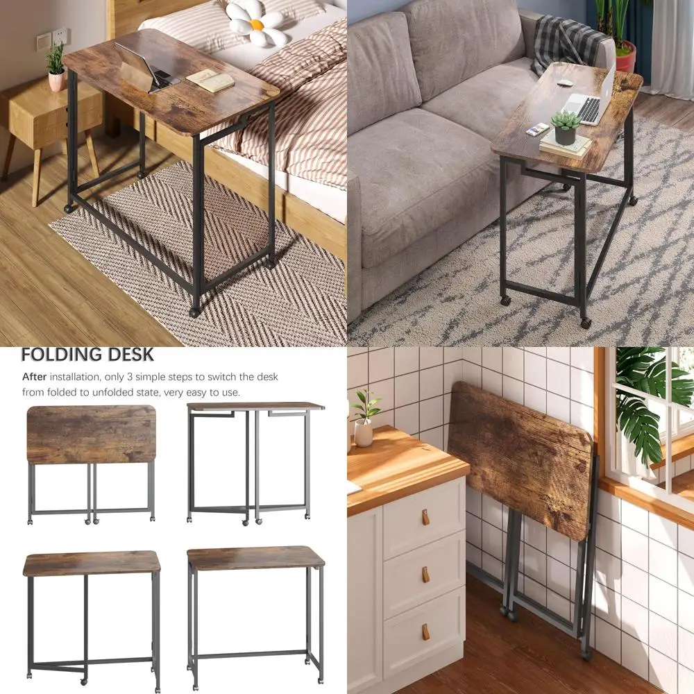 

Portable Laptop Desk with Wheels - Compact Rolling Computer Table for Home Office, Couch, or Bed in Rustic Brown & Black