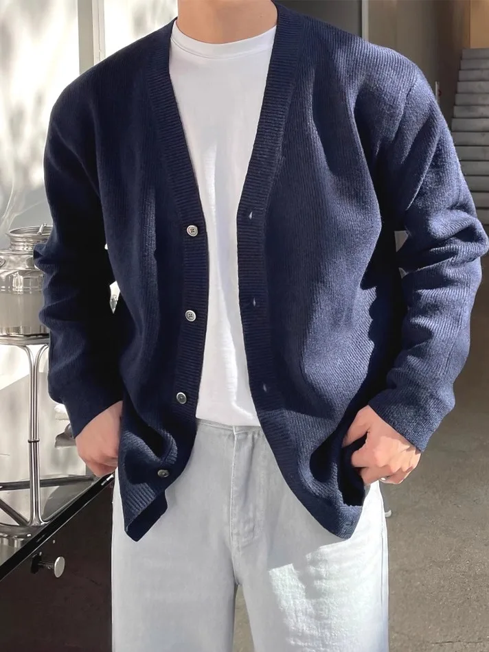 

Мужской приталенный вязаный кардиган с V-образным вырезом из мягкой пряжи, повседневный, с длинными рукавами, дышащий, осенняя верхняя одежда