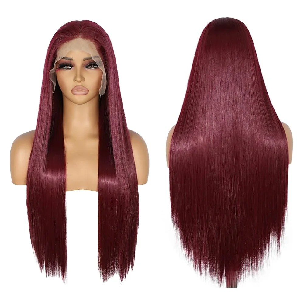 

13x4 Lace Front Wig Burgundy Long Straight For Women Natural Hairline Glueless Heat Resistant Synthetic Hair Daily Cosplay Party