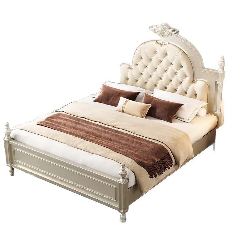 American light luxury double bed, master bedroom French solid wood cloth buckle bed, princess Roman column solid wood bed
