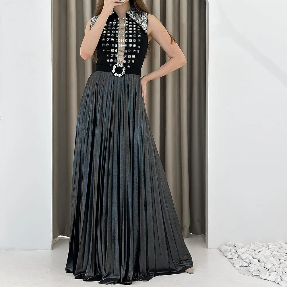 

Customized A-Line Evening Dresses Floor-Length High-Neck Sleeveless Prom Gown Fashion Crystal Simple Draped Exquisite Party Gown