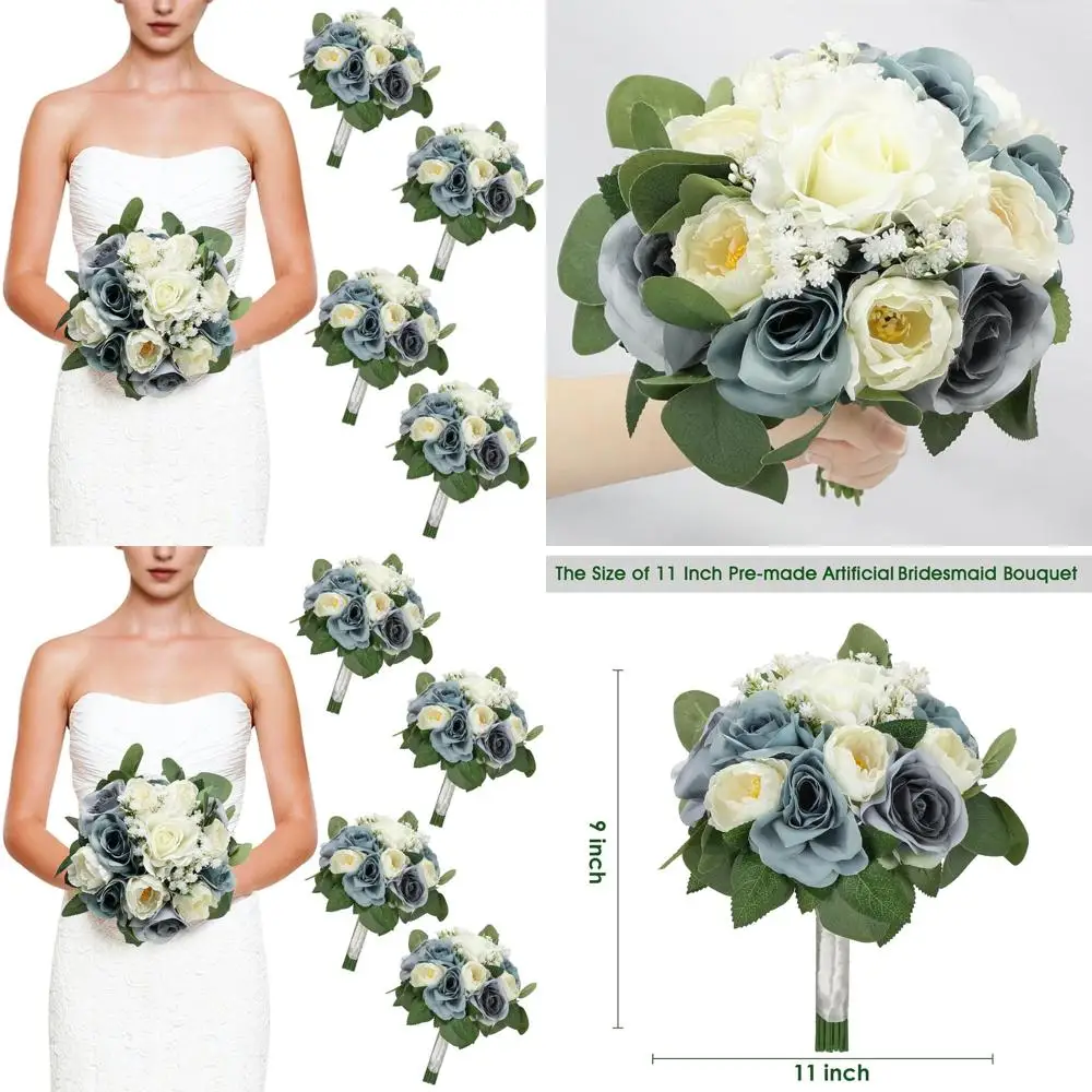 

4 Dusty Blue & White Artificial Bridesmaid Bouquets, 11, Perfect for Weddings and Bridal Showers
