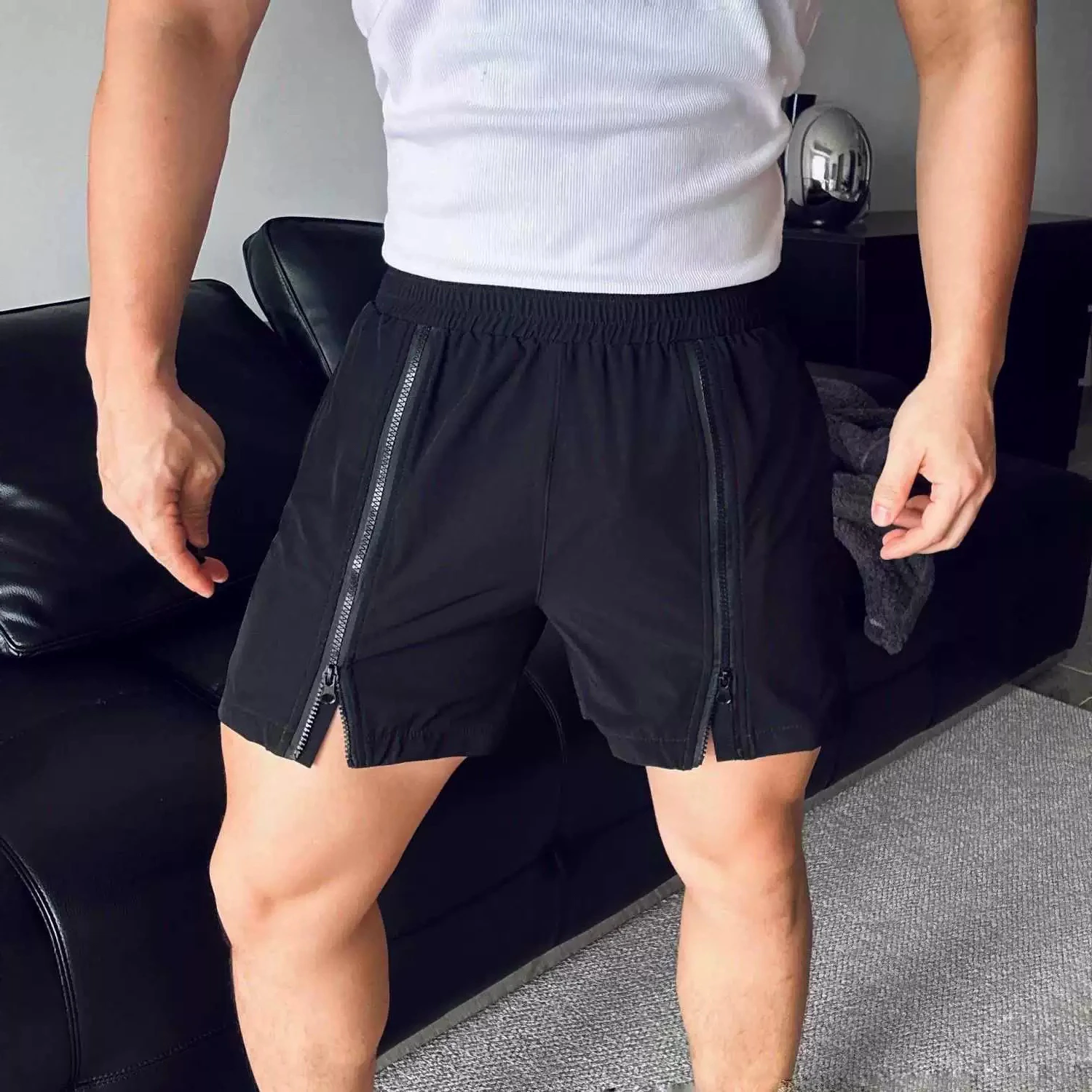 Zipper Shorts Men's Summer Open Sports Fitness Hip Leg Strong Casual Cropped Pants Beach Pants Casual