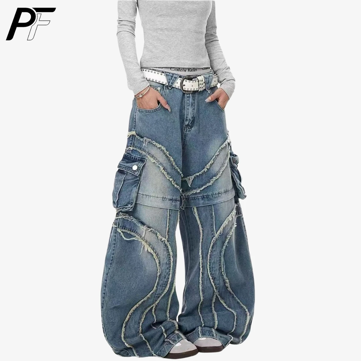 

American Style Baggy Cargo Jeans Women's Vintage Washed Denim Pants with Frayed Seams Wide Leg Distressed Washed Trousers