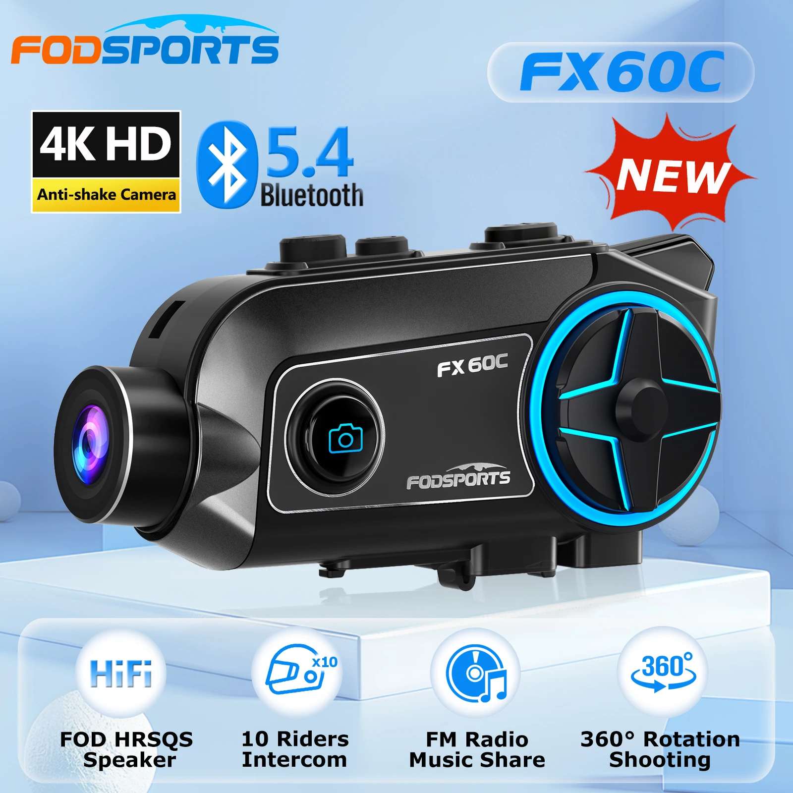 Fodsporst FX60C Motorcycle Intercom Camera 4K HD Anti Shake Video Recorder Dash Cam,BT5.4 Helmet Headset 10 Rider,FM,Music Share