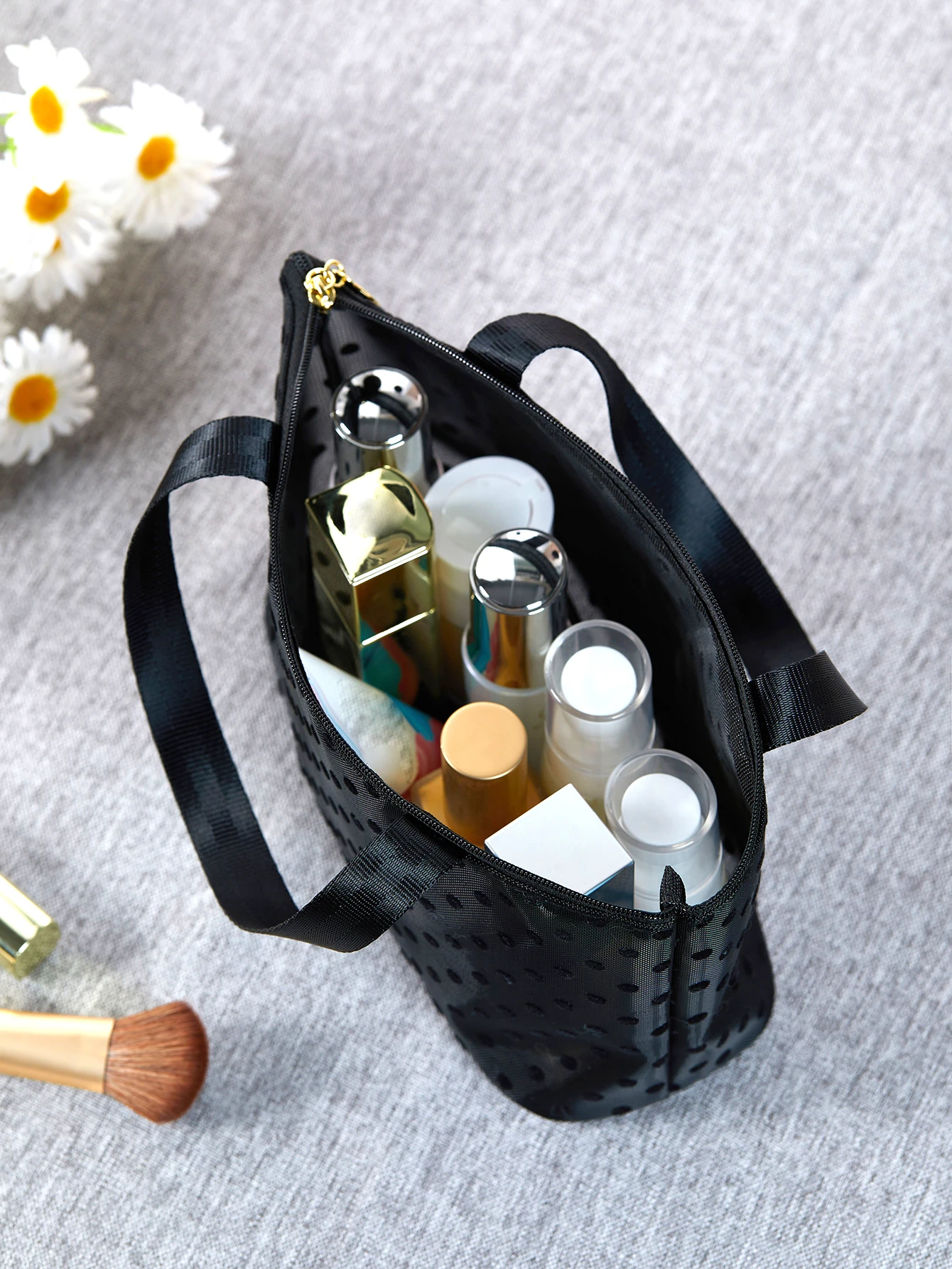 Large Black mesh Dot spattern Portable Tote Makeup Bag Beach Bag Travel Makeup Bag Toiletry Bag Cosmetic Bag makeup bag organiz