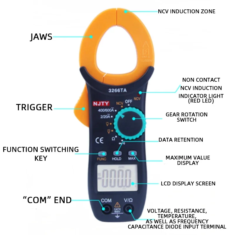 Digital Multimeter Clamp Meter 2000 Counts Auto Range AC/DC Current Voltage Resistance Continuity Diode Measuring NCV Tester