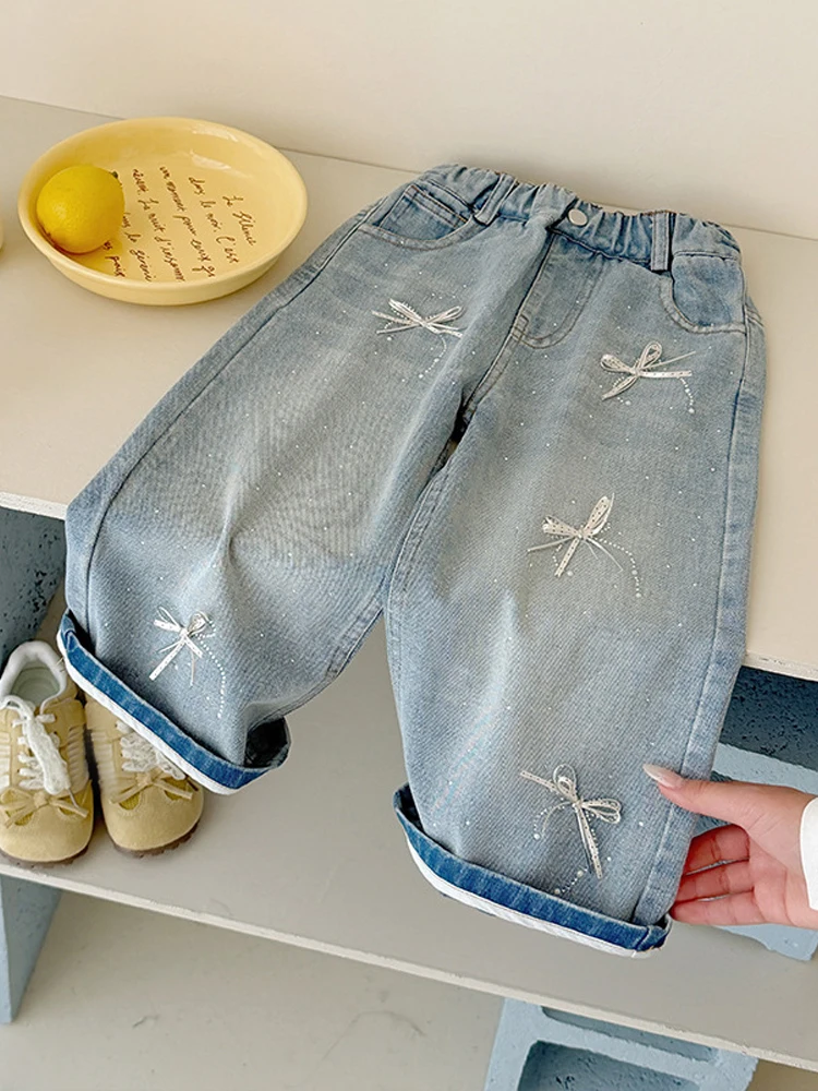 New Girls' Diamond Jeans Sweet Bow Loose Wide Leg Pants Korean Kids Versatile Casual Soft Trousers Pants 2026 Spring
