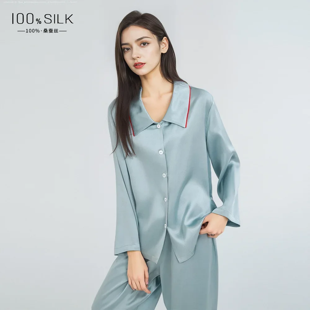 

100% Mulberry Silk Two-piece Pajamas Set Ladies Night Sleepwear Autumn Pajama Soft Pyjamas Homewear Casual Loungewear Pajama Set