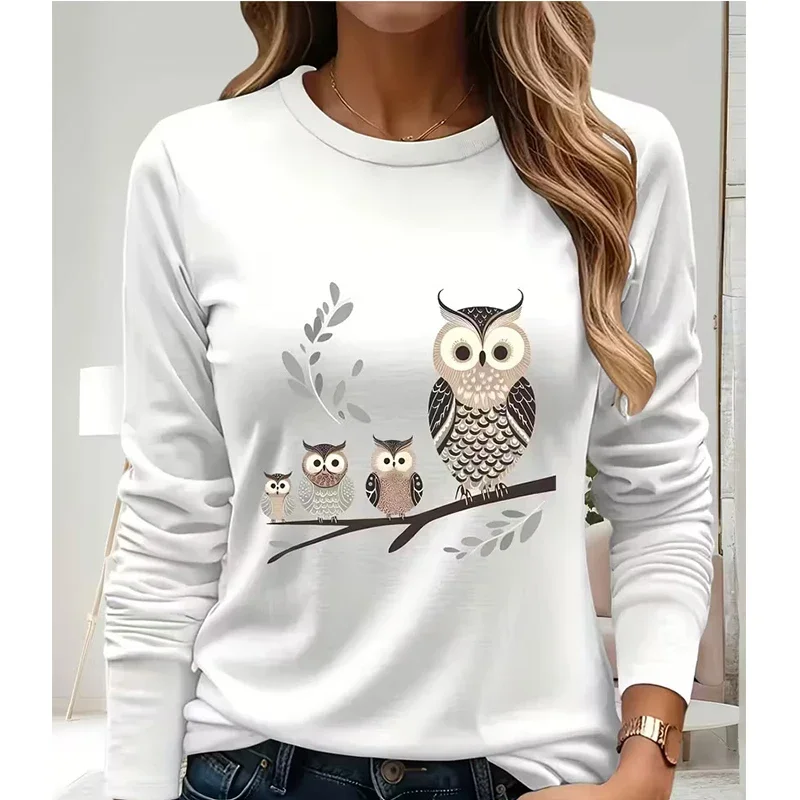Owl Family Print Casual Long Sleeve T Shirt Clothes Women's Funny Graphic T-Shirt All Seasons Gothic Ladies Y2k Tees Tops Tshirt - view 6