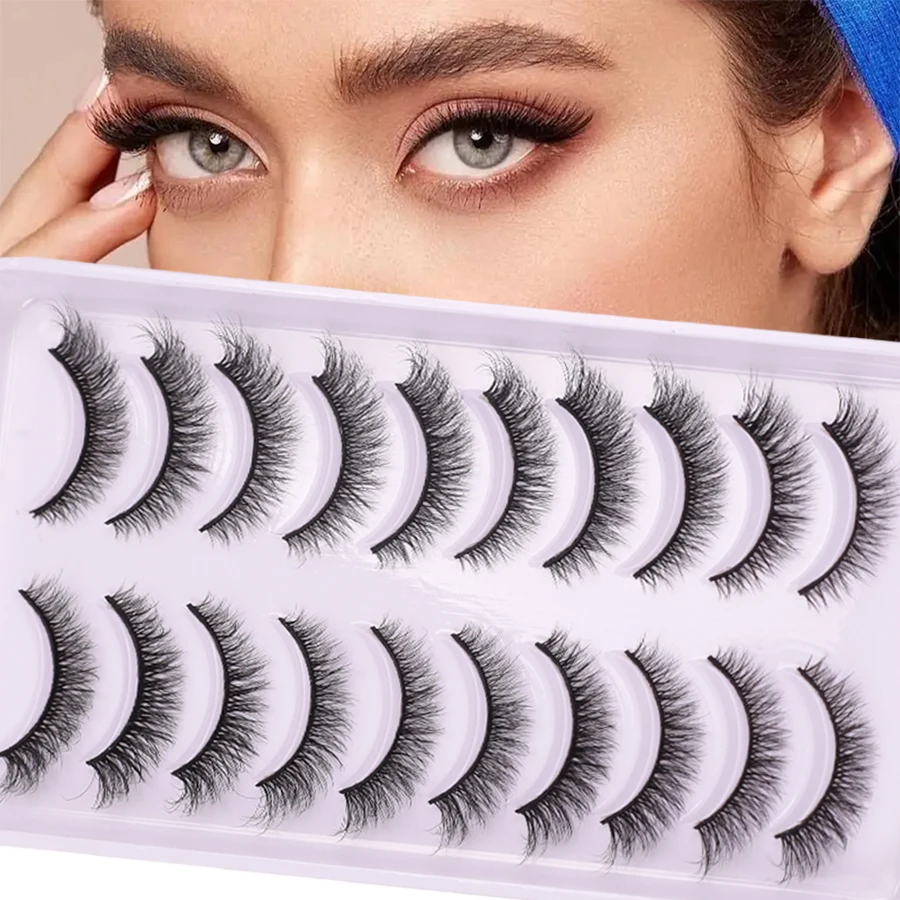 10 Paar natürliche dreidimensionale künstliche Wimpern, dick und geschwungen, mit einem schlanken und verlängerten Design am Ende der Wimpern.