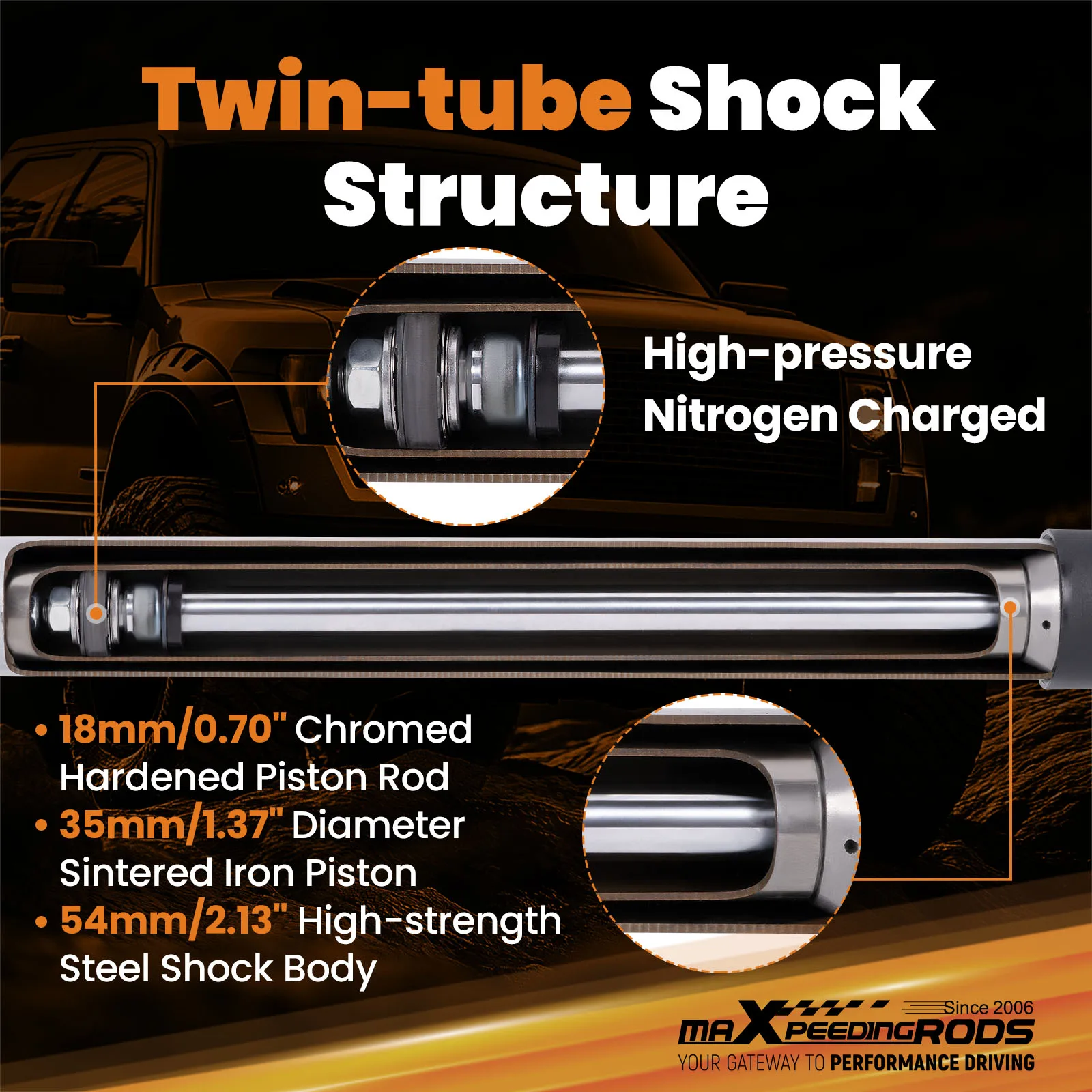 Choque de elevação frontal de 1-3" para Jeep Cherokee/Wrangler 1984-2006 com carregamento de nitrogênio