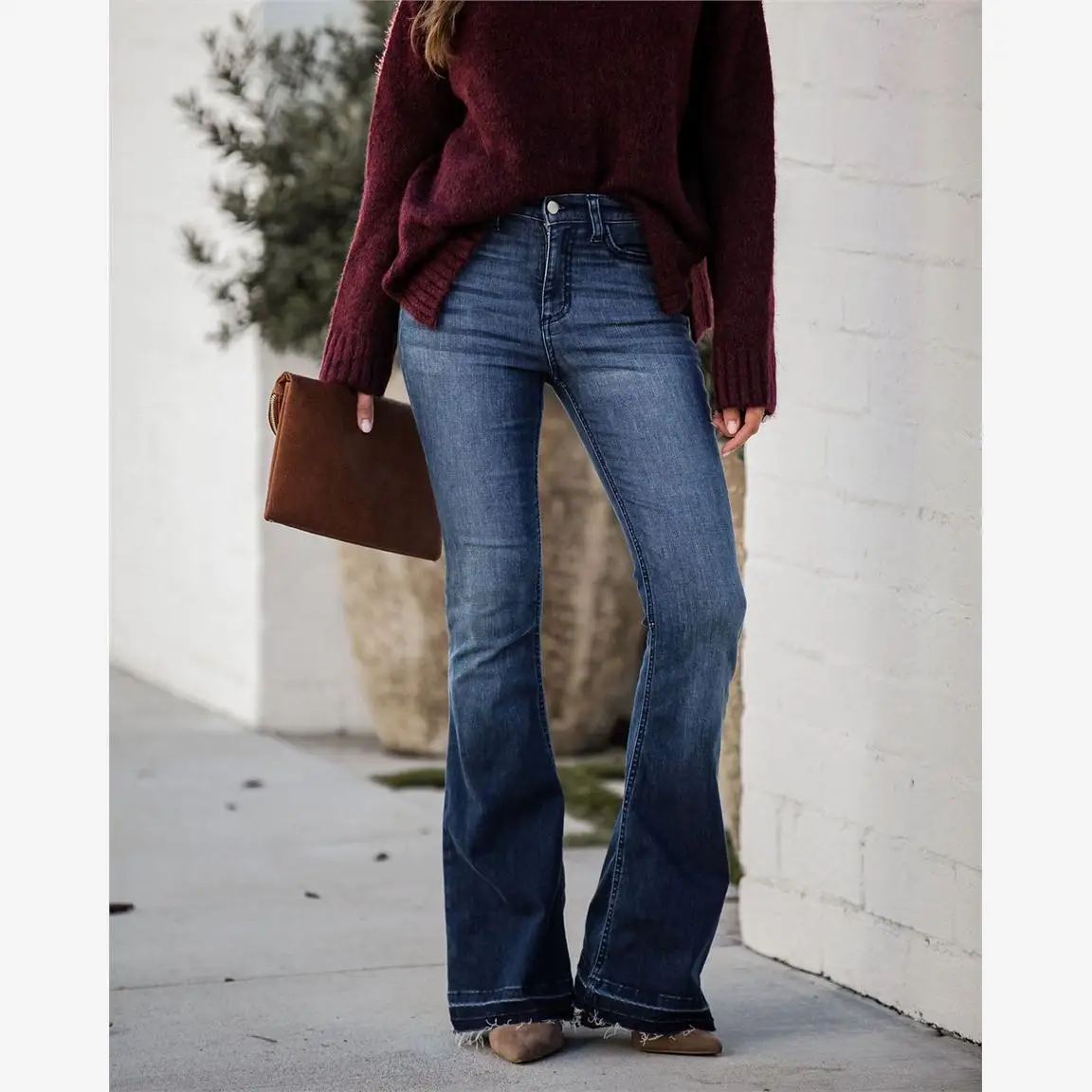 Pantalones vaqueros adelgazantes de cintura alta con campana para mujer, pantalones vaqueros clásicos con empalme Sle, pantalones vaqueros largos elásticos de algodón, Micro acampanados