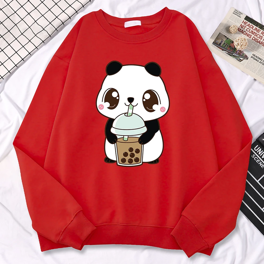 Casual Simple Women Pullovers Baby Panda Drinking Milk Tea Printing Hoodies Crewneck Soft Sweatshirt Fleece Warm Female Clothes