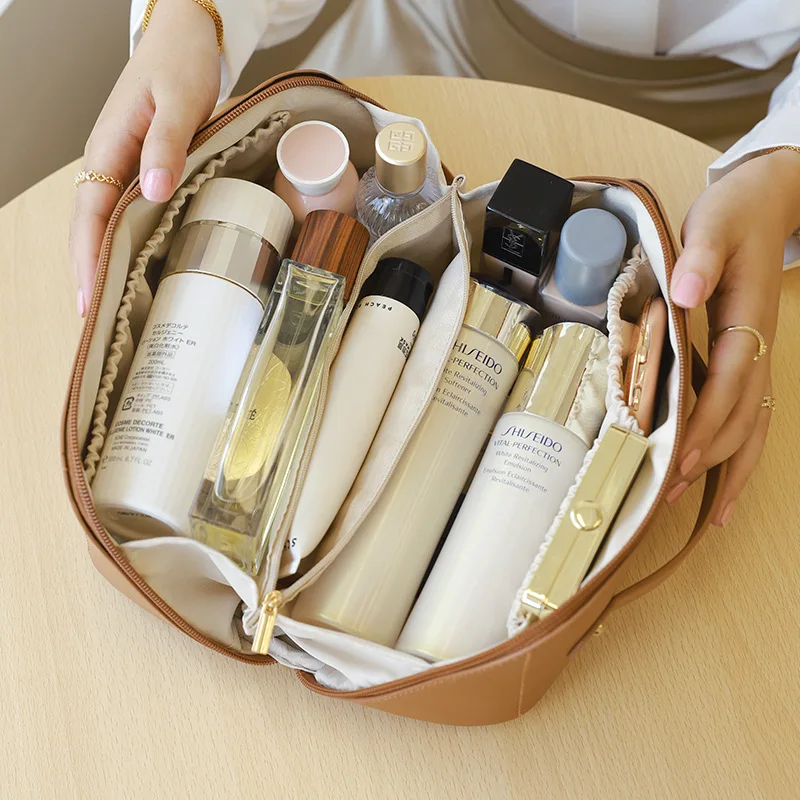 Borsa per il trucco da viaggio, borse per cosmetici di grande capacità, borsa da toilette portatile impermeabile in PU organizzatore per il trucco