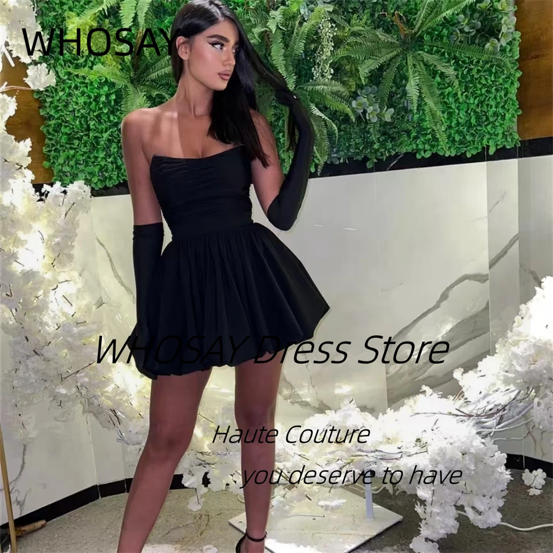 

WHOSAY Black Mini Satin Prom Dresses Strapless Sexy Back Robe Des Cocktail Dress Customized Graduation Party Homecoming Gowns