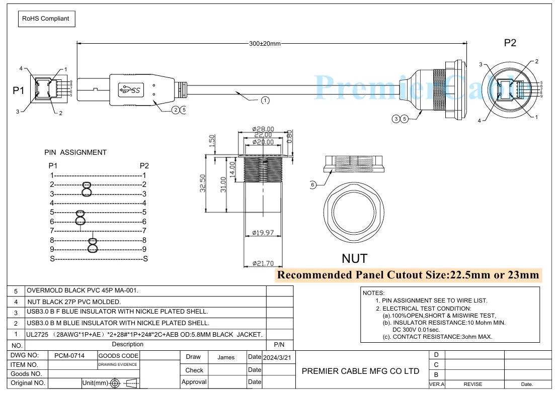 USB 3.0 B Stecker auf Buchse Verlängerungskabel für Unterputzmontage, eingebettetes USB Typ B Druckerkabel für Festplatten, Scanner und Automatisierung – Detail 8