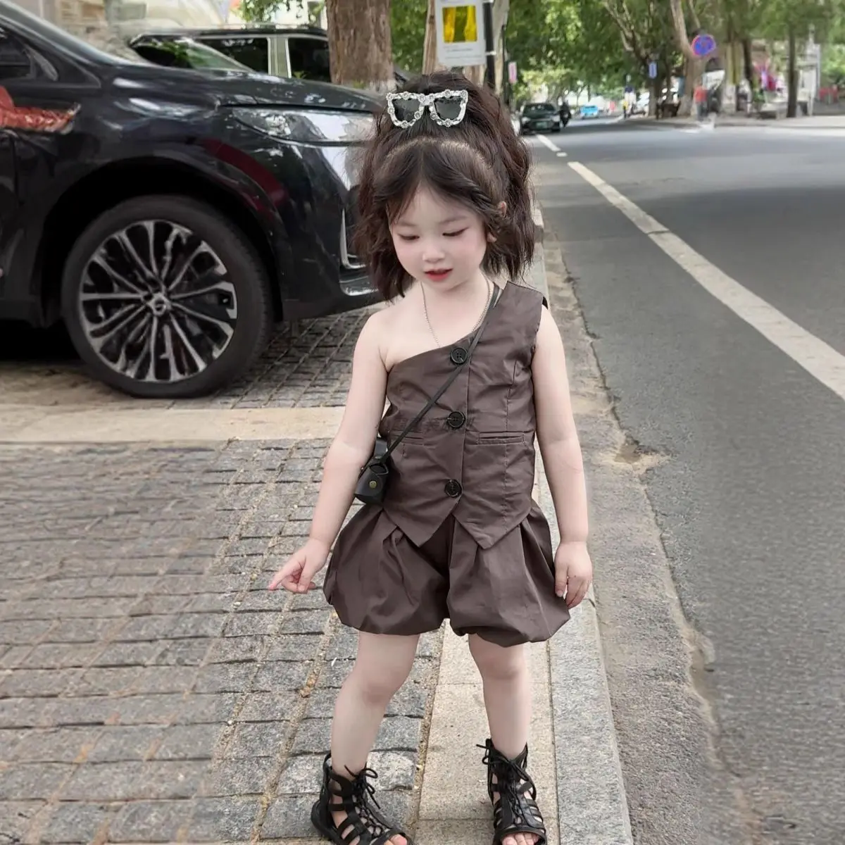 

Girls' set summer new style children's stylish sloping shoulder vest+flower bud shorts skirt 2-piece set