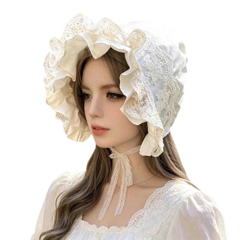 400A Ruffled Brim Bonnet Cap with Lace Trim and Chin Ties for Outfit Styling