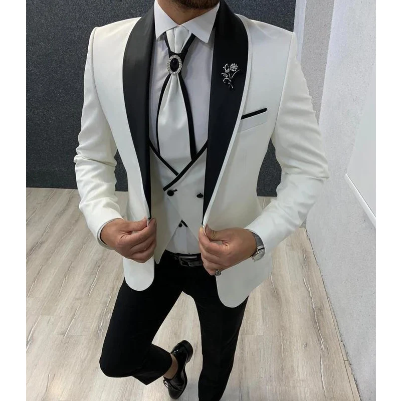 White Slim fit Wedding Tuxedo for Groomsmen 3 piece Men Suits with Black Pants Man Fashion Set Jacket Waistcoat Boyfriend Suit