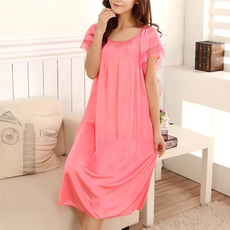 Women Night Gowns Sleepwear Lace Patchwork Nightwear Long Sleeping Dress Casual Ladies Home Dressing